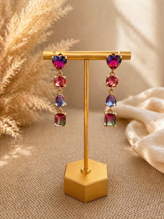Jewelry - 18K Gold Plated, CZ Drop Earrings, Colorful Gemstone Dangle Earrings, 925  Posts